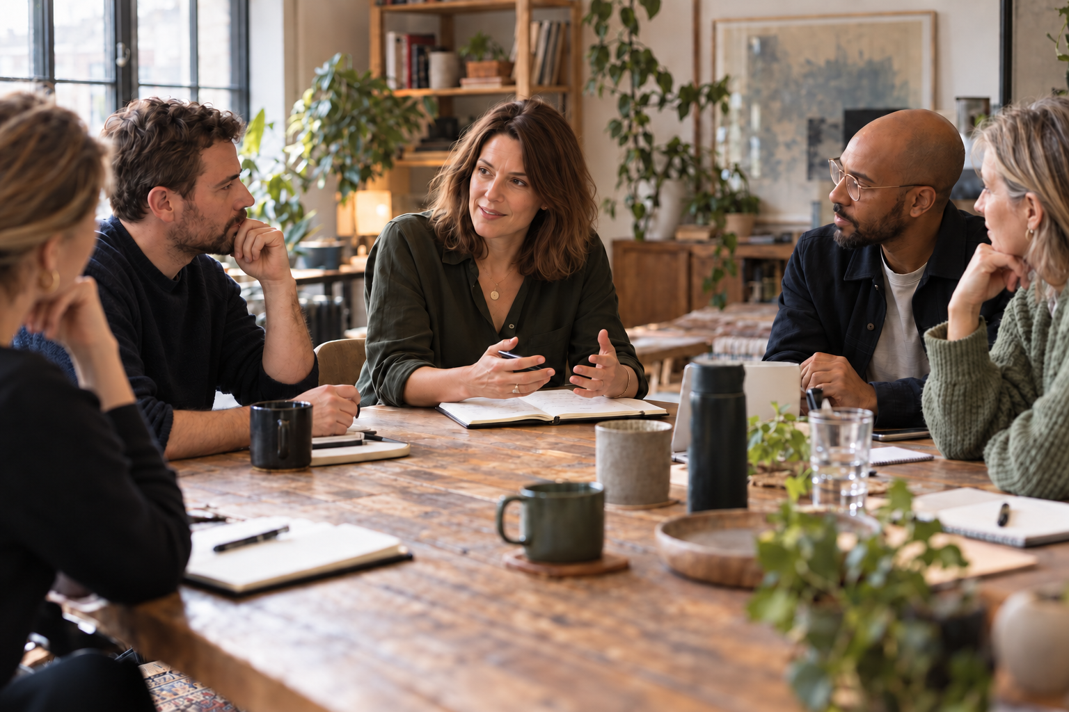 Concept image: a female CEO engaged in conversation with her senior team around a table